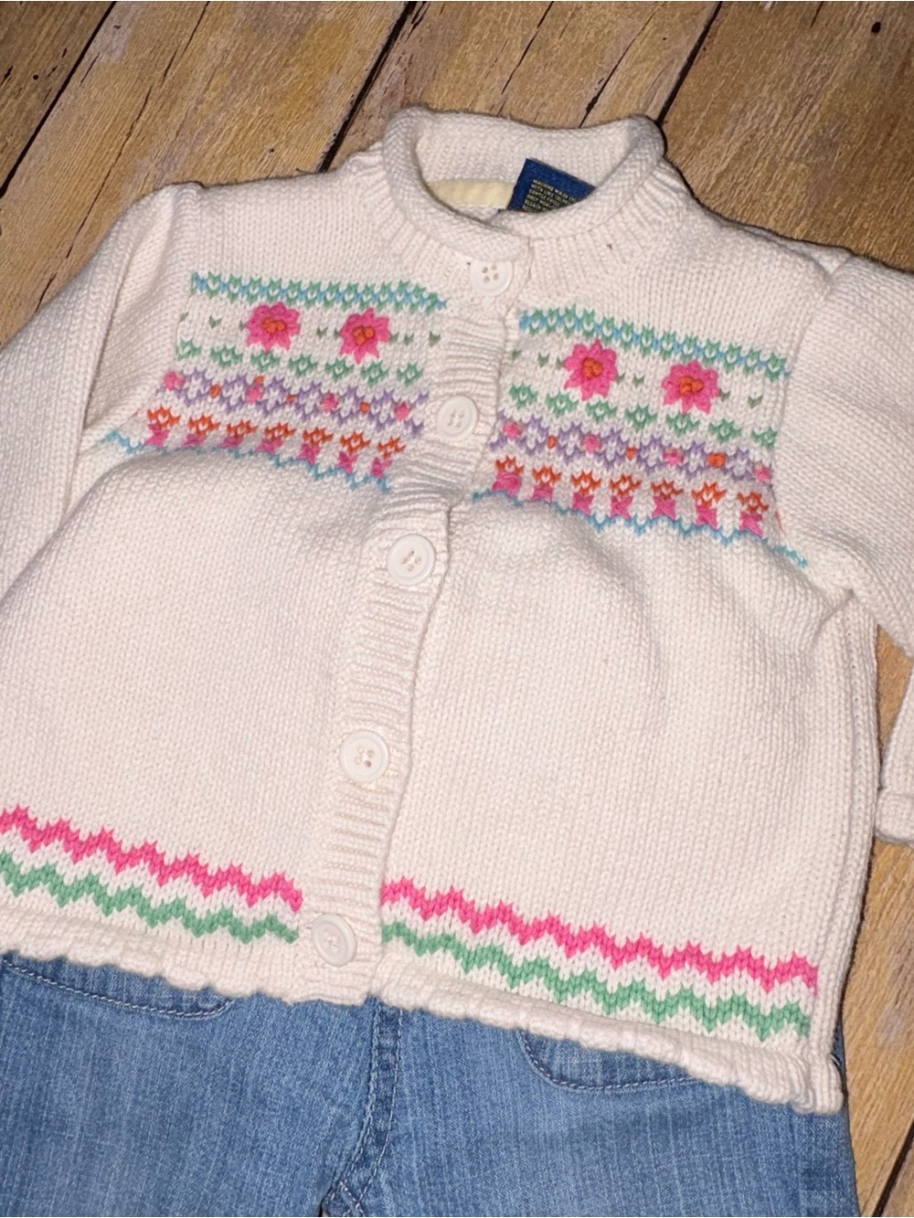 Vintage OshKosh B'gosh Cream Knit Cardigan with Pink & Green Accents